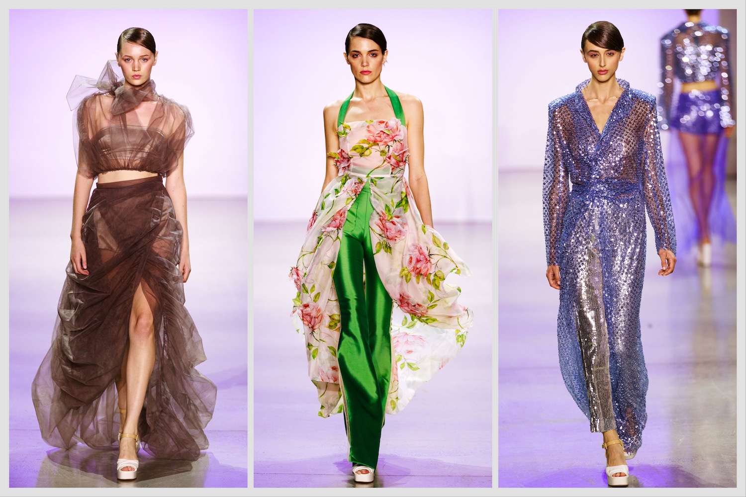 A collection of three images. From left to right: a model wearing a sienna silk tulle dress; a model wearing a camellia-pattern top and a pair of green silk pants; a model wearing a purple sheer robe and a pair of silver tulle pants.