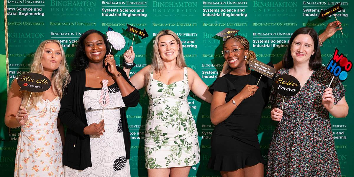 Class of 2023 graduates from the Executive Program in Health Systems celebrate in July in Manhattan. From left are Lauren Kraus, Tamiqua Graham, Erica Lester, Danyel Christopher and Samantha Zerrenner. Image Credit: Trent Campbell / Jonathan Heisler Photography