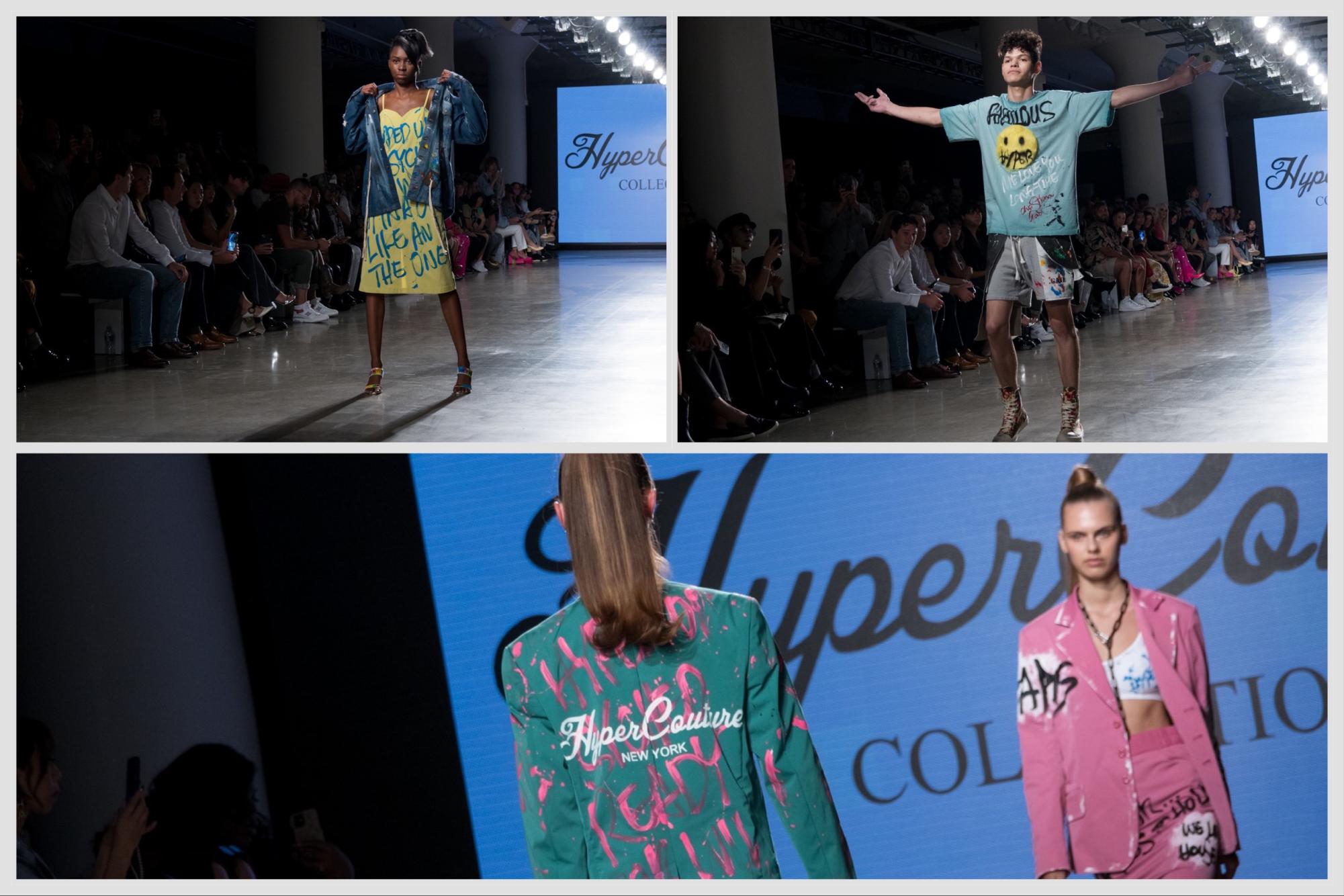 From top to bottom and left to right: a model wearing a yellow printed dress and a blue denim jacket; a model wearing a light blue graphic t-shirt and a pair of gray-and-black spray-painted shorts; two modelings wearing a cyan and pink blazers.