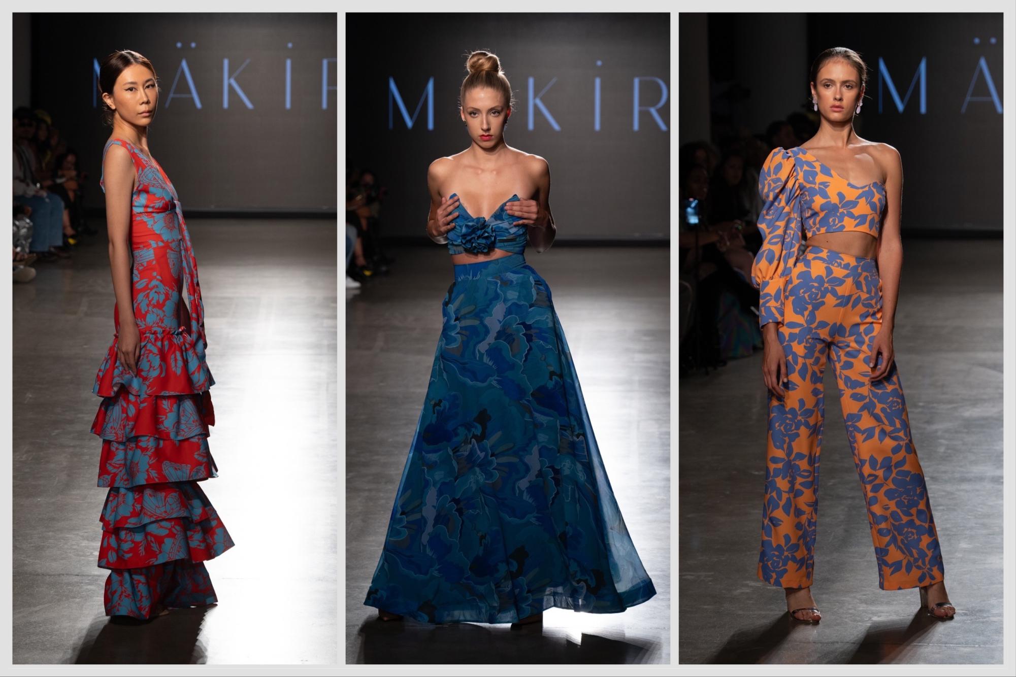 From left to right: a model wearing a blue-and-red floral dress; a model wearing a blue floral dress; a model wearing and blue-and-orange floral dress.