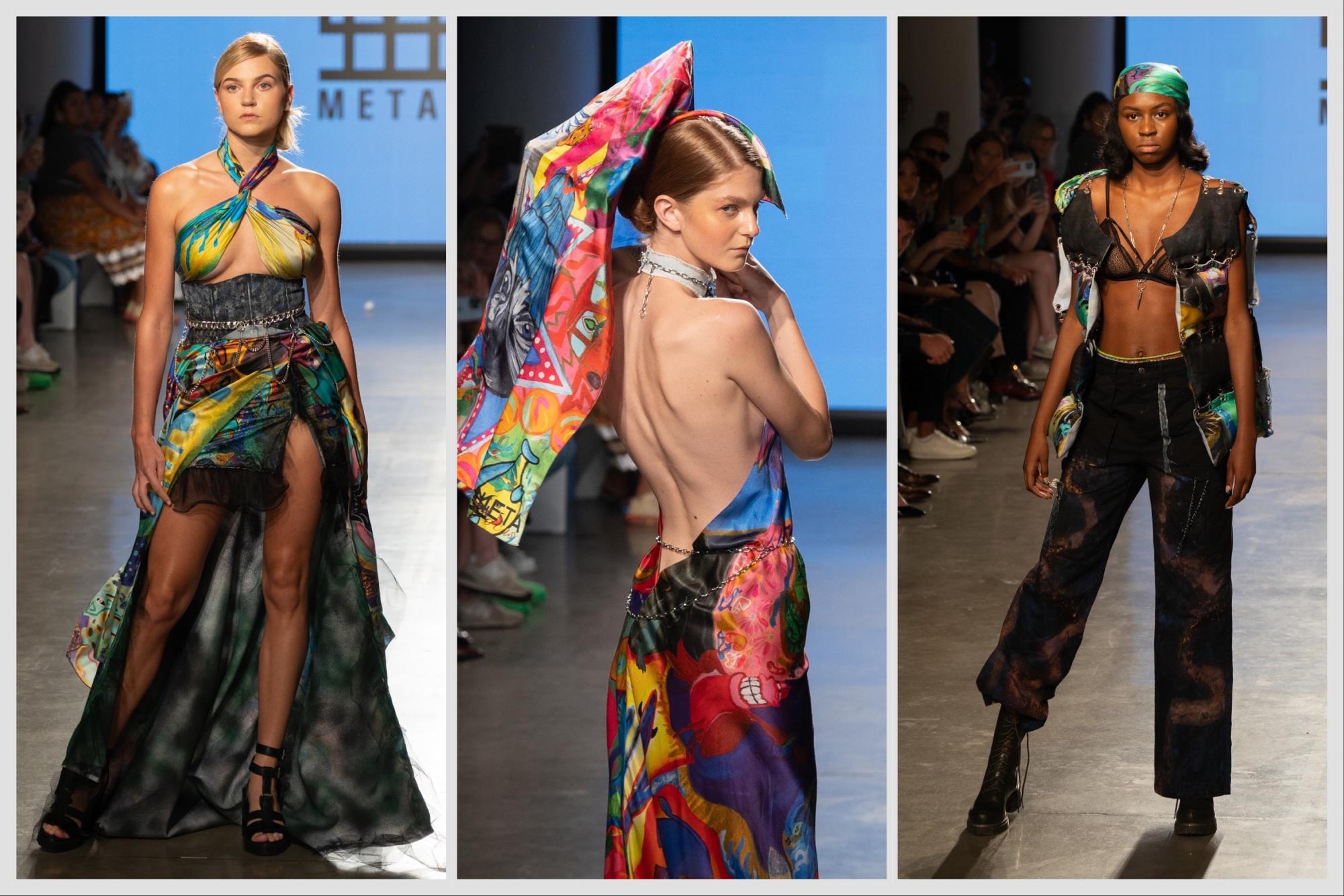 A collage of three images from left to right: a model wearing a tropical-patterned silk dress; a model wearing an aquatic-patterned silk dress; a model wearing a nocturnally colored jacket and a pair of trousers of the same color.