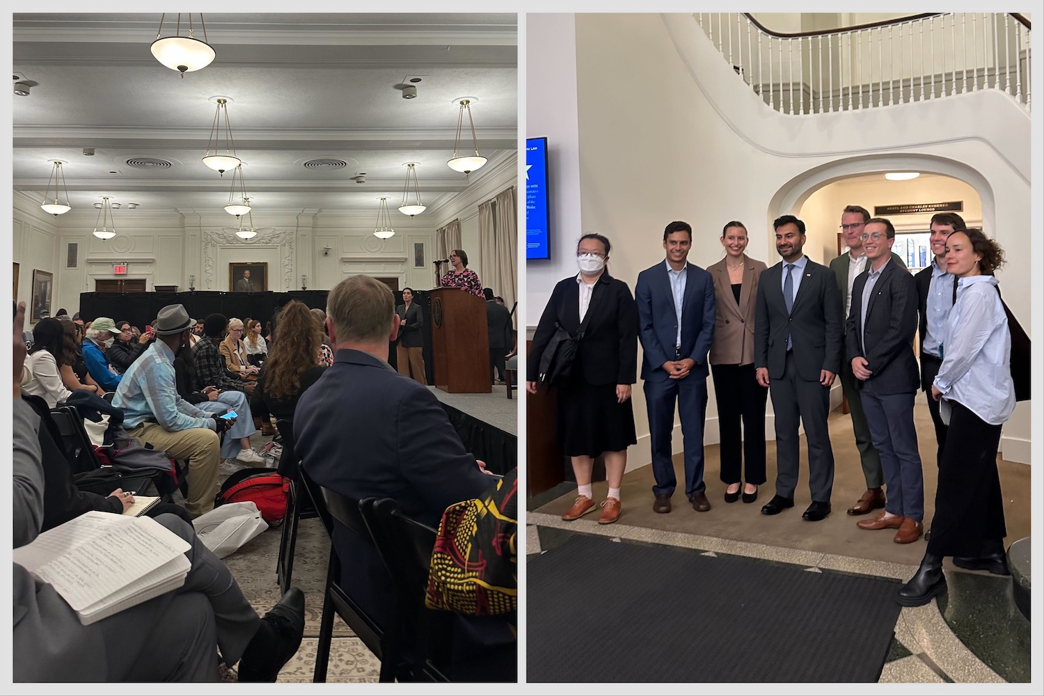 A collage of two photos. From left to right: an audience listening to a speaker on a podium in a classroom; a group of N.Y.U. law school students posing for a photo in formal attire