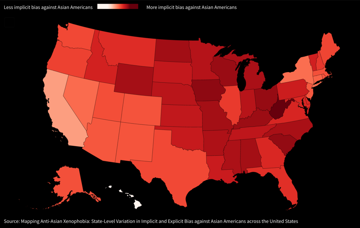 A map of the United States that uses the color red to indicate the anti-Asian bias by state. The darker a state, the more implicit bias there is against Asian Americans.
