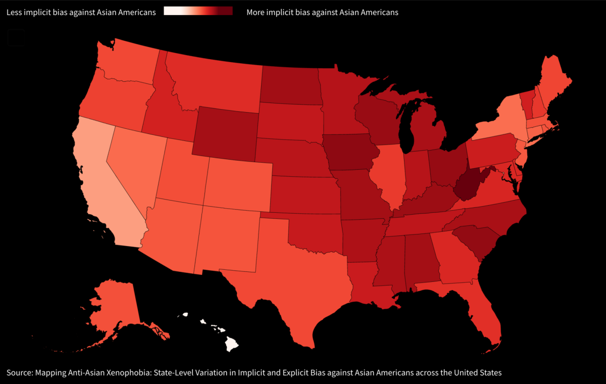 A+map+of+the+United+States+that+uses+the+color+red+to+indicate+the+anti-Asian+bias+by+state.+The+darker+a+state%2C+the+more+implicit+bias+there+is+against+Asian+Americans.