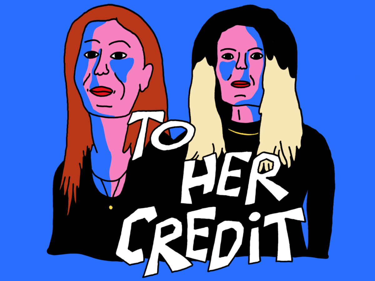 An illustration with the title “To Her Credit” layered over a portrait of Kaitlin Culmo and Emily McDermott.
