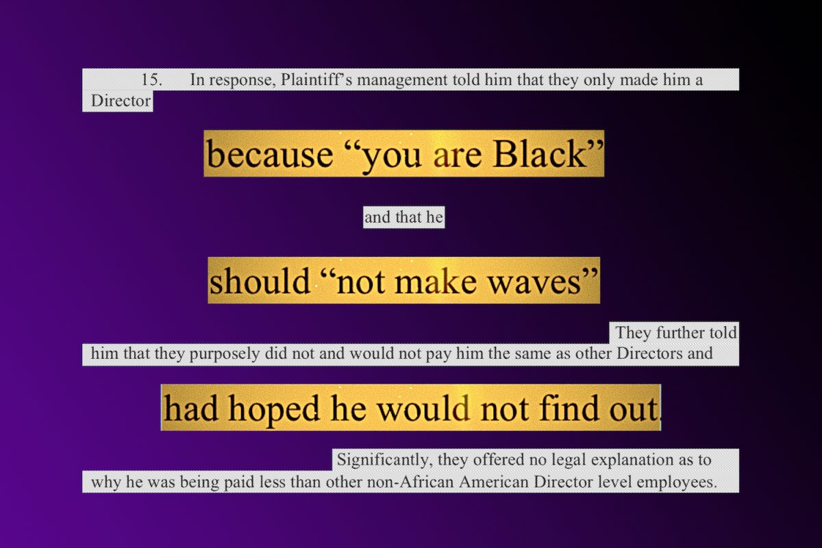 Excerpts from a racial discrimination lawsuit document with three phrases highlighted in yellow. The excerpt is on top of a background with a purple-to-black gradient.