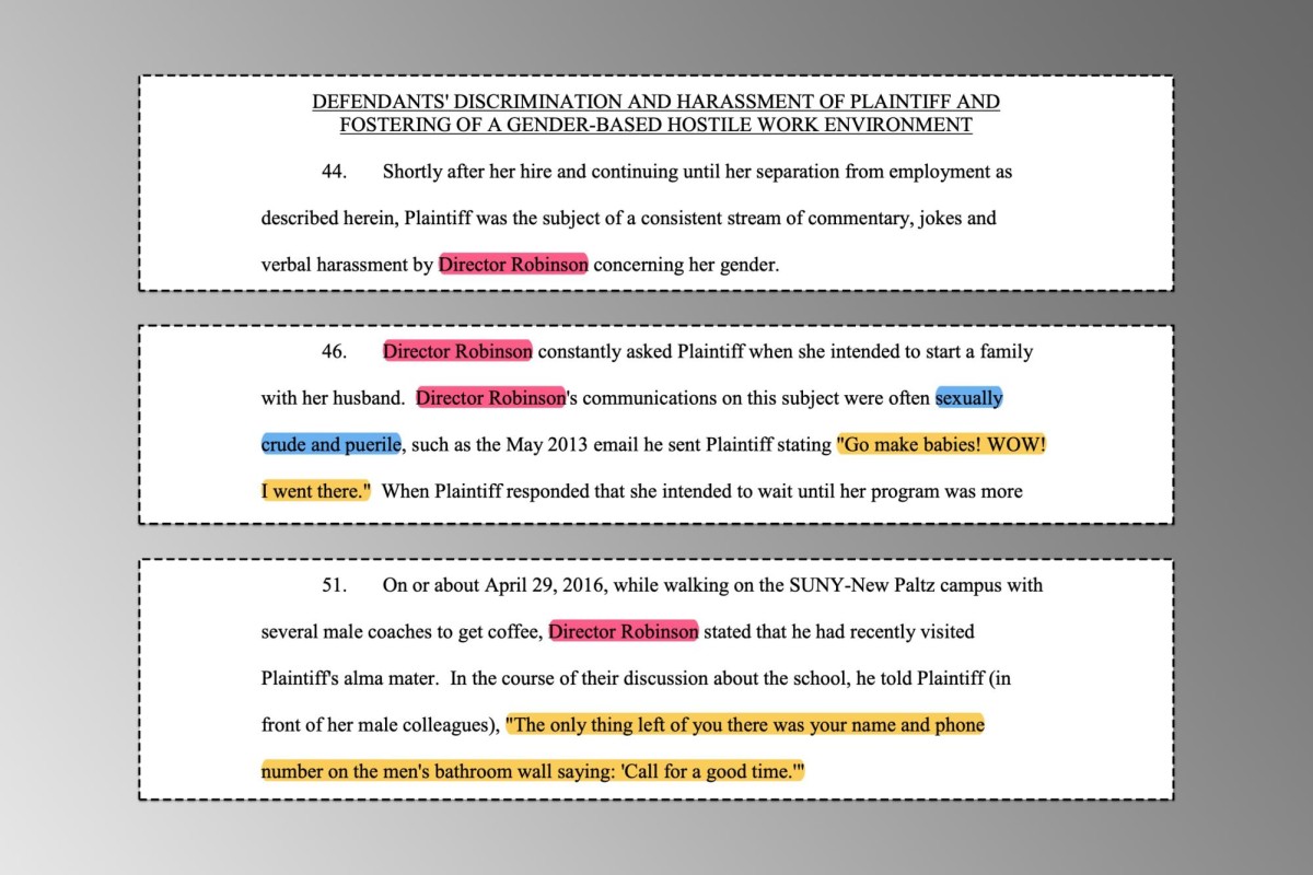 A collage of three excerpts from a lawsuit against a gray background. The excerpts are highlighted to show the inappropriate comments made by Athletic Director Stuart Robinson.