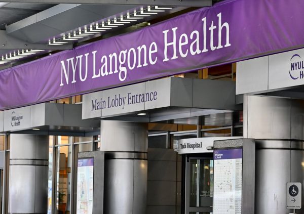 The exterior main lobby entrance of the N.Y.U. Langone Health center, located on 550 First Avenue.