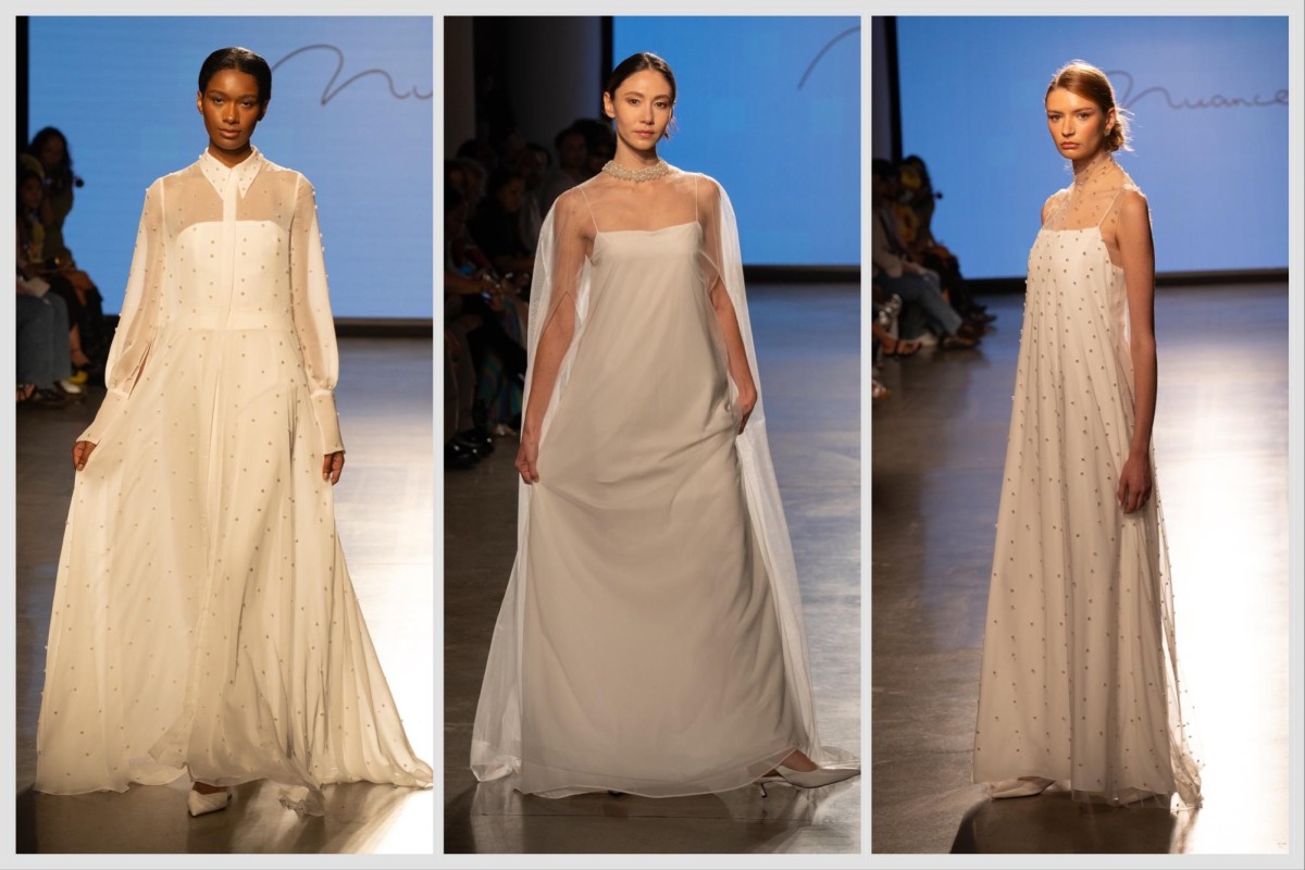 Three models wearing white dresses.