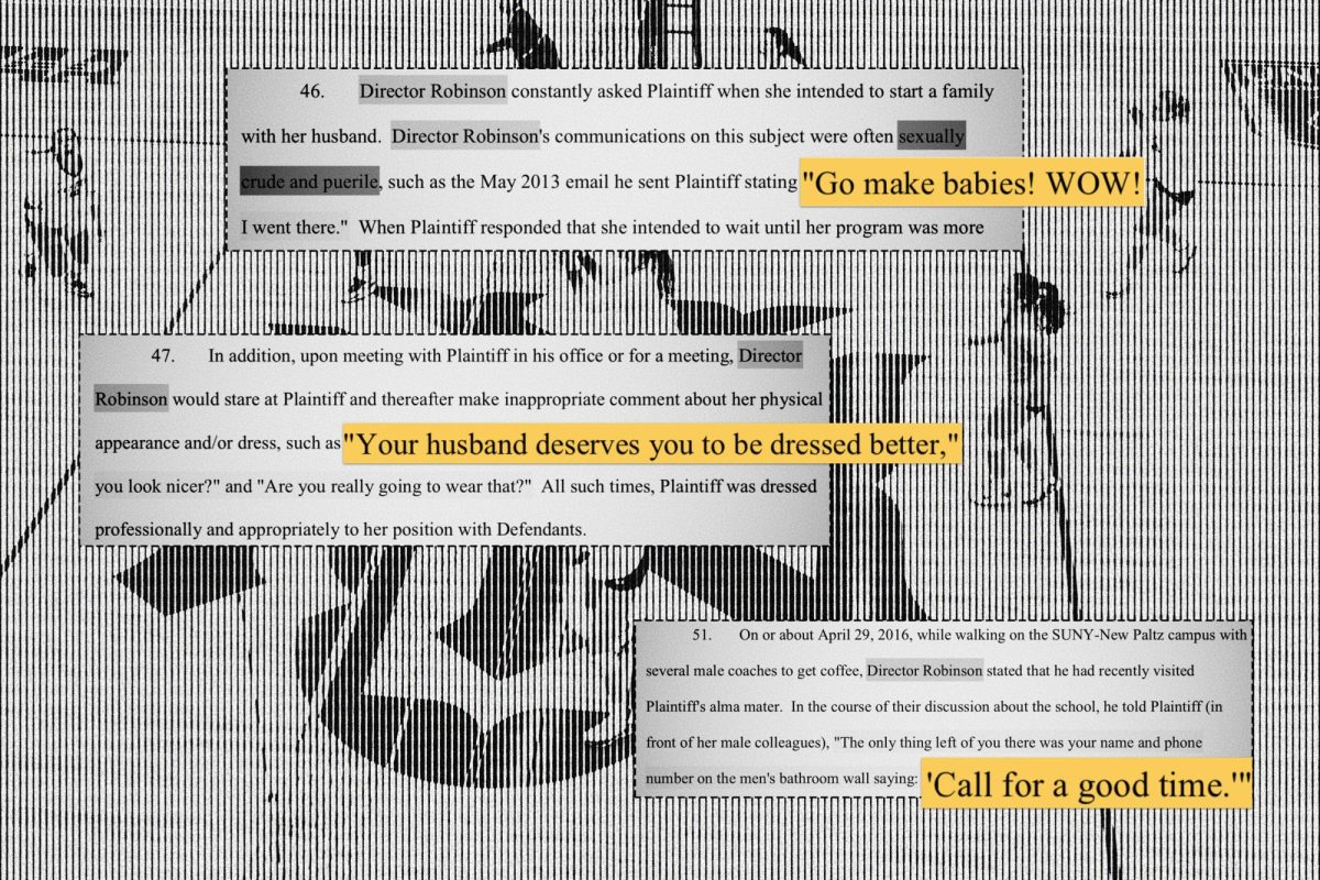 A graphic with three strips of excerpts from a lawsuit document against a background of players competing on a volleyball court. The court has the logo of N.Y.U. Athletics in the middle.