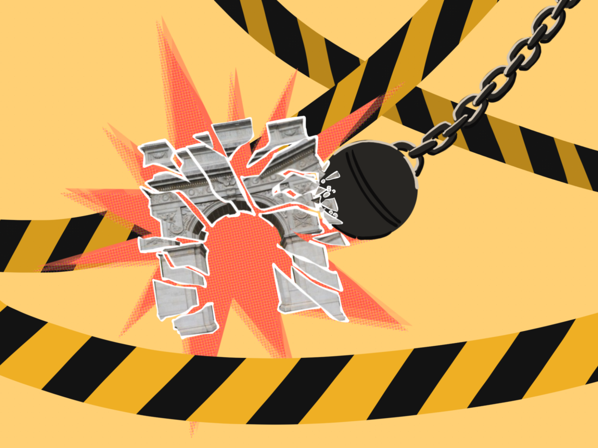 A wrecking ball comically shatters the Washington Square Arch into pieces. An X shape of yellow-and-black striped tape is behind the image, in front of a paler yellow background.