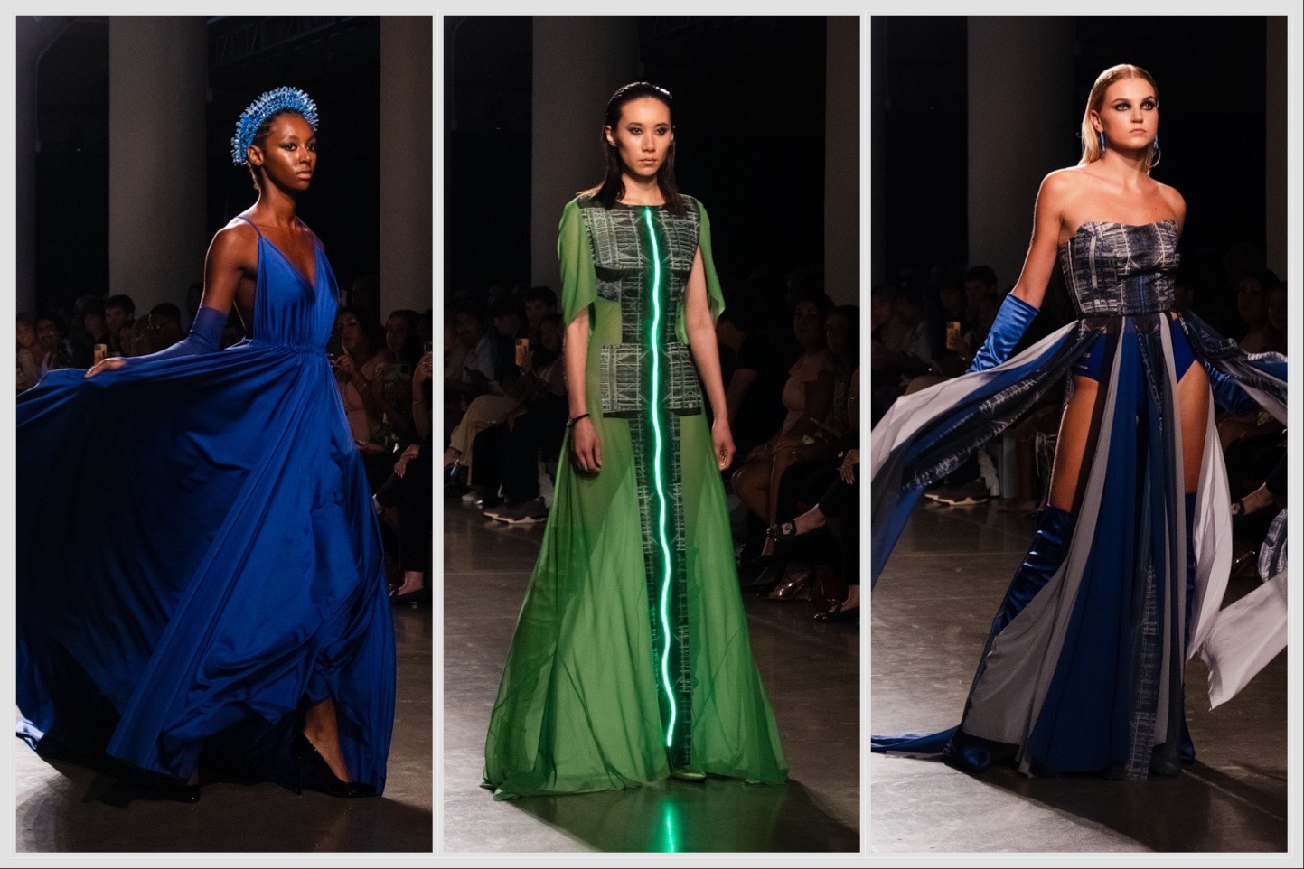 A collage of three images from left to right: a model wearing a blue headdress and dress; a model wearing a neon green dress; a model wearing a gray-and-blue slitted skirt.