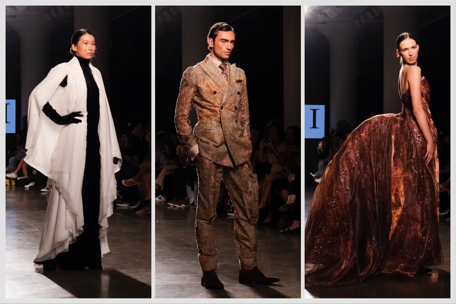 A collage of three images from left to right: A modelwearing black-and-white dress and cloak; a model wearing a brown double-breasted suit; a model wearing a brown bustled silk dress.