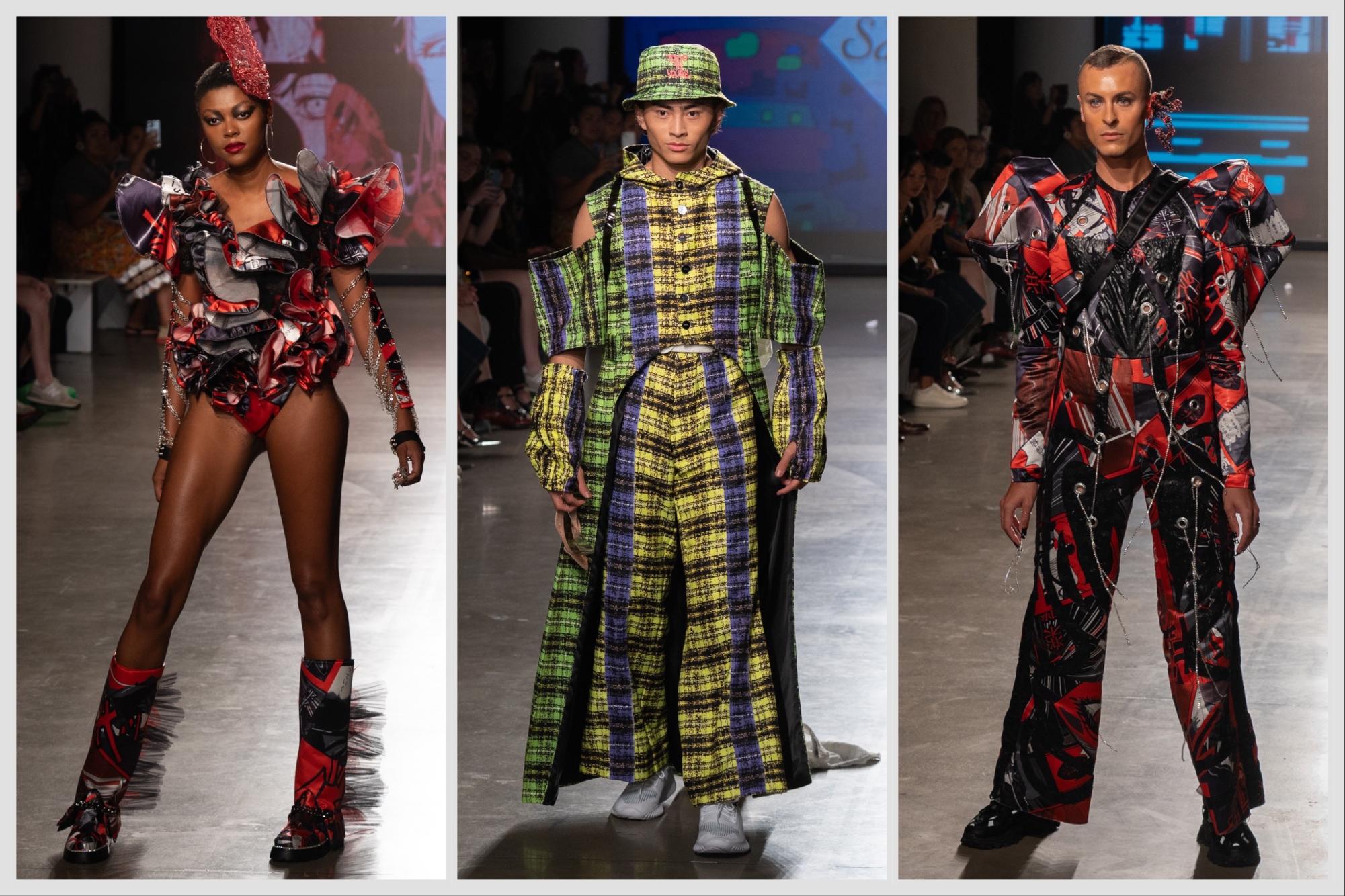 A collage of three images from left to right: a model wearing a red-and-black ruffled bodysuit; a model wearing plaid bottomed-up top and trousers; a model wearing red-and-black suit.