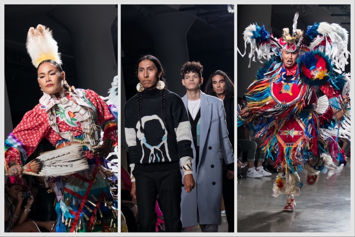 a collage of three images from left to right: a model wearing traditional regalia; models wearing nature-themed sweaters; a model wearing red-and-blue traditional regalia.