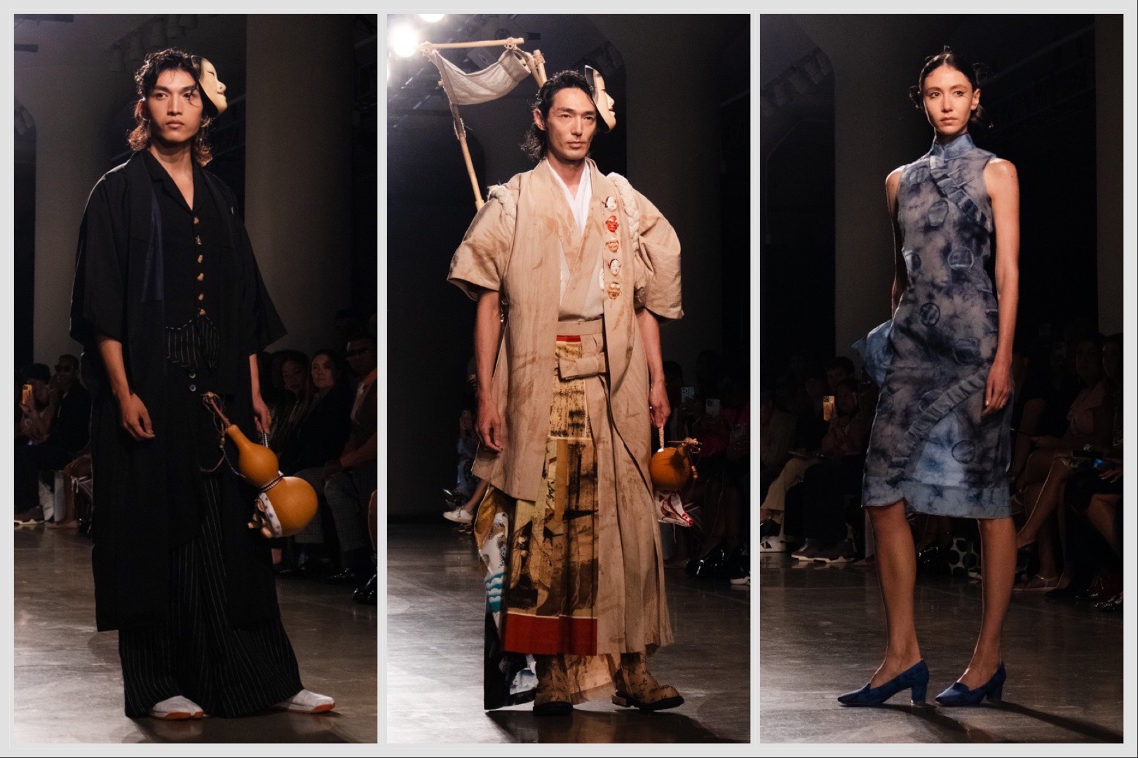 A collage of three images from left to right: a model wearing a black kimono and a face mask on their head; a model wearing a cream kimono and face mask on their head; a model wearing a blue chiffon dress.