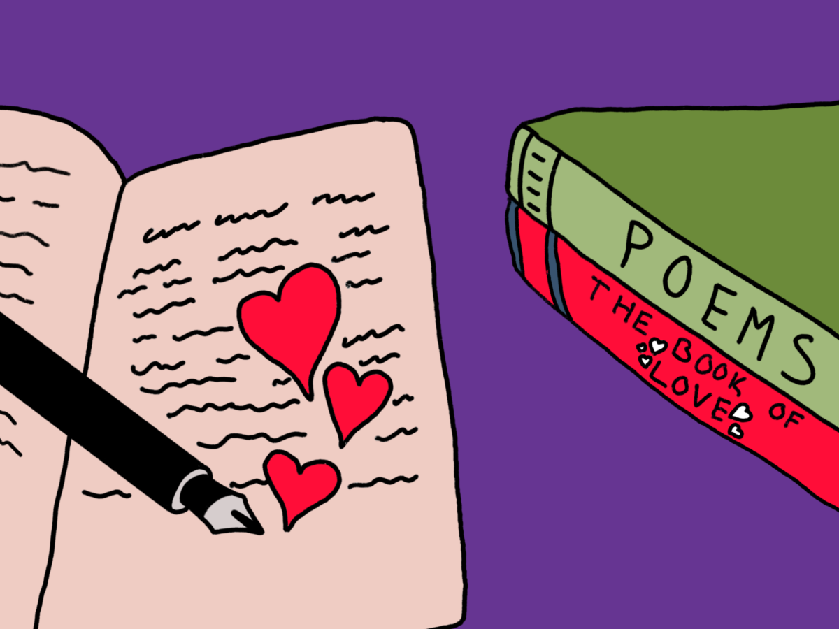This is an illustration that features an open book page with scribbles and hearts drawn on it. To the right, there is one red book titled “The Book of Love,” and a green book on top of it titled, “POEMS.”