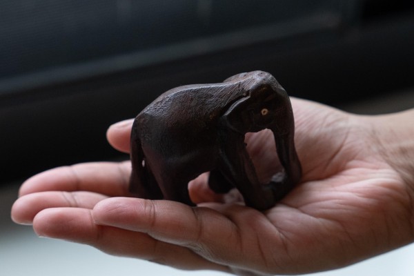 A hand holding a carved wooden elephant in its palm.