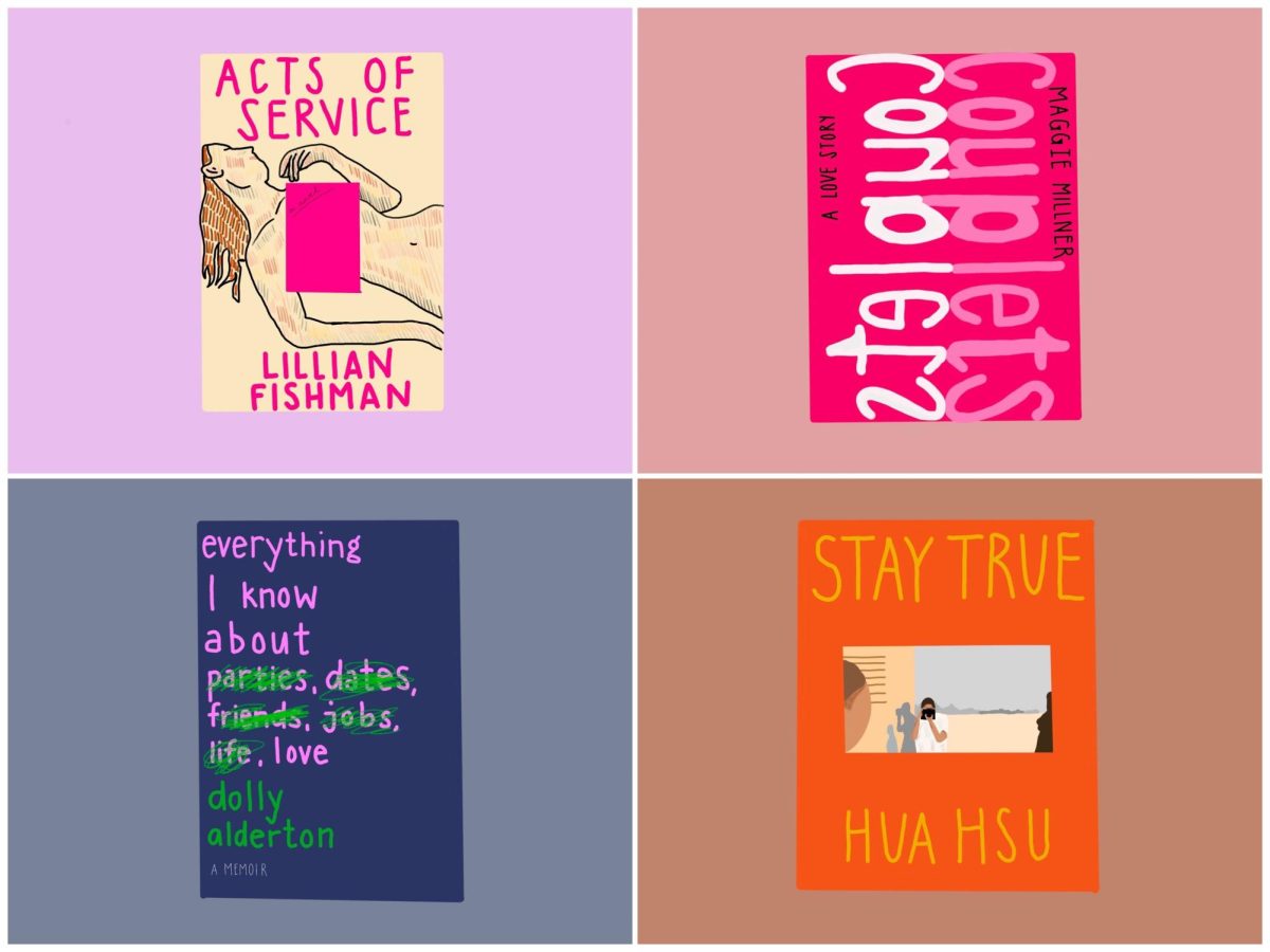 A collage of four illustrations of books titled Acts of Service, Couplets, everything I know about parties, dates, friends, jobs, life, love, and Stay True.