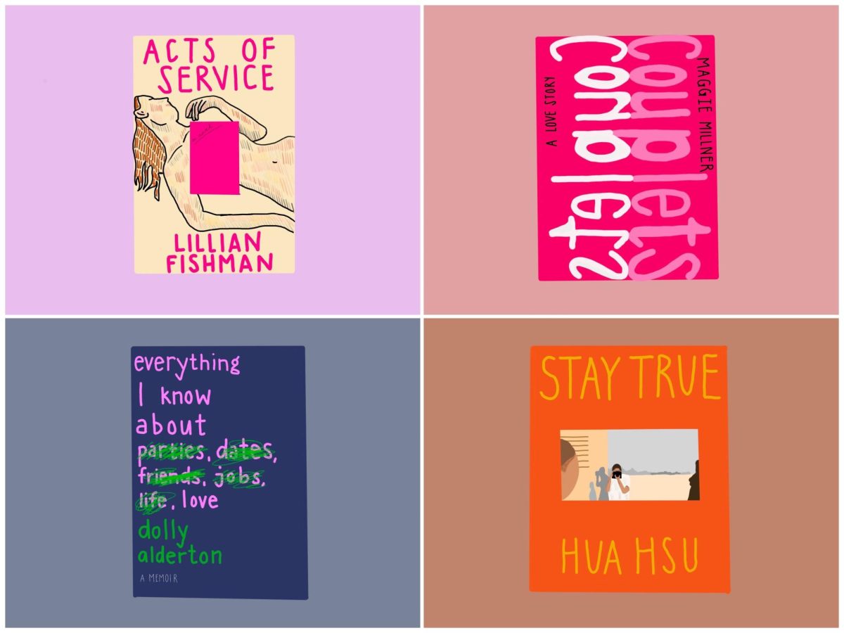 A collage of four illustrations of books titled "Acts of Service," "Couplets," "everything I know about parties, dates, friends, jobs, life, love," and "Stay True."