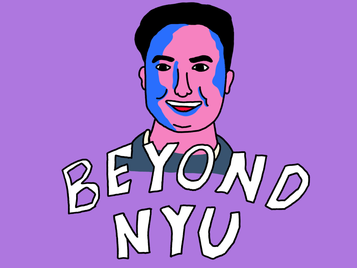 A colorful portrait of Miguel Guerrero on top of text stating ‘Beyond N.Y.U.’