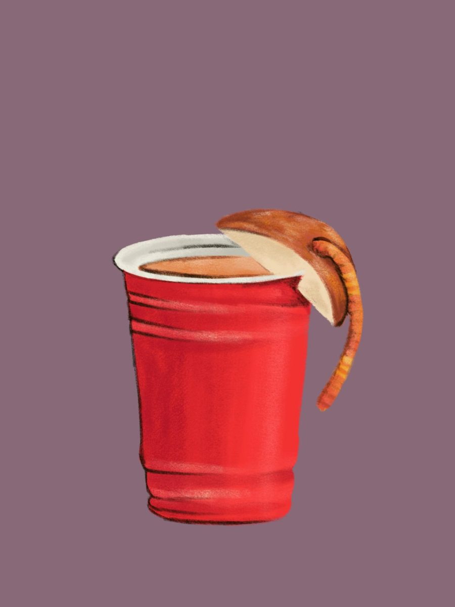 An illustration of a red cup holding a brown liquid, with a slice of apple with a worm in it placed on the cup’s edge on a purple background.