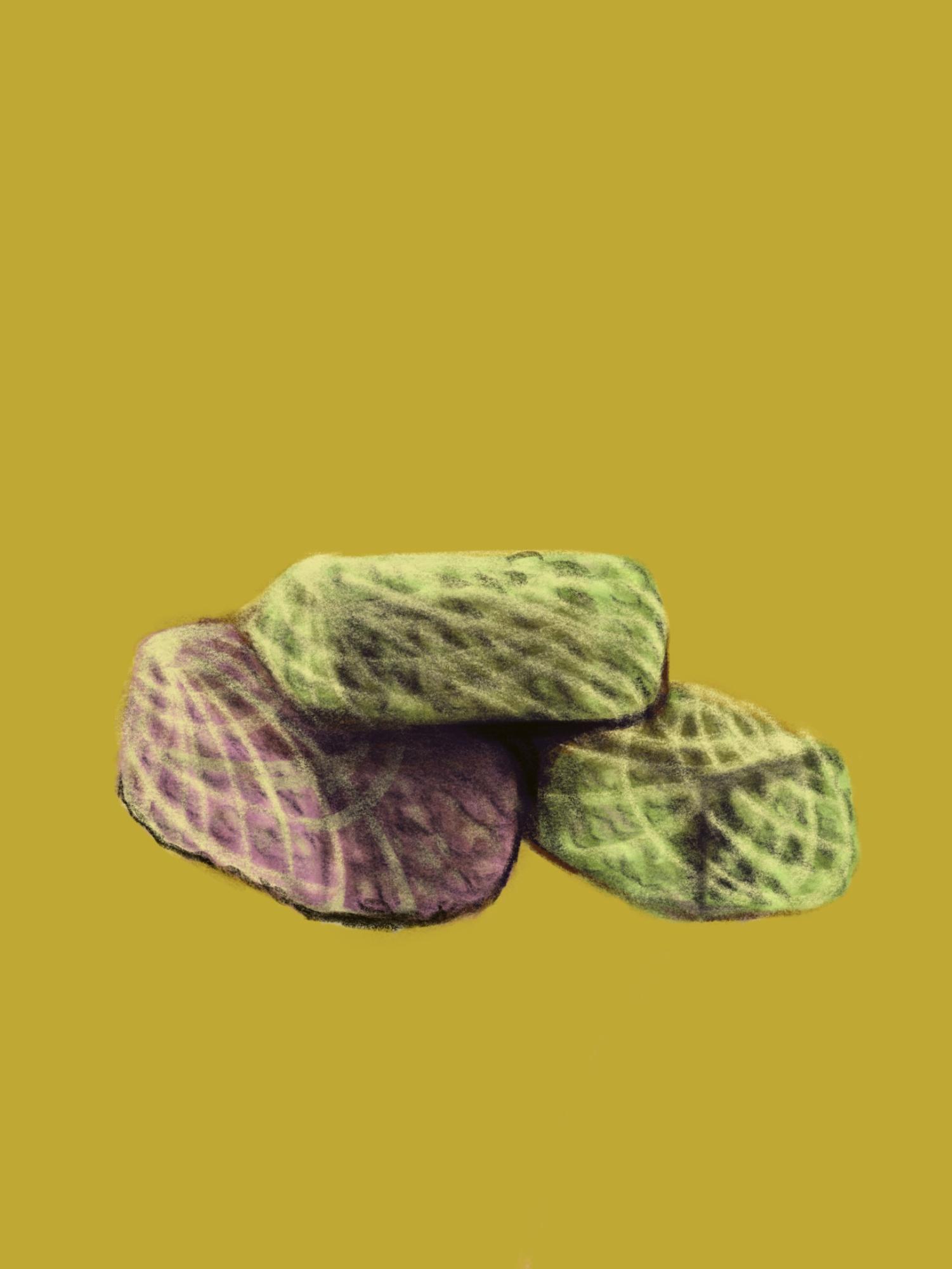 An illustration of purple and green rice crispy treats with web patterns in front of a yellow background.