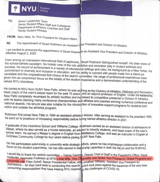 A printed N.Y.U. email addressing the appointment of Stuart Robinson in 2020 being torn in half from the middle. A red line at the end of the email highlights N.Y.U. President Linda Mill's participation for Robinson's search committee.