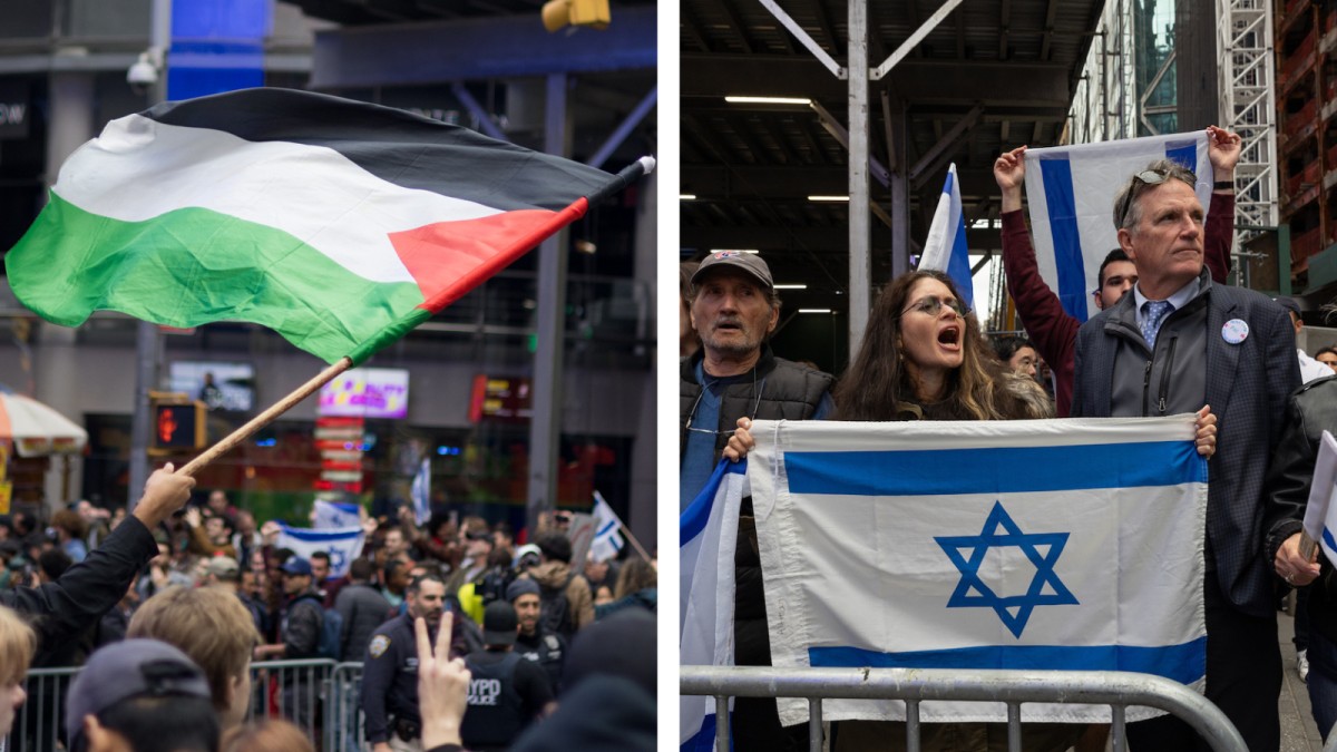 Photo collage of two photos side by side. Left photo of Pro-Palestine protester waving a green, red, black, and white Palestinian flag. Right photo of Pro-Israel protesters standing with blue and white Israel flag.