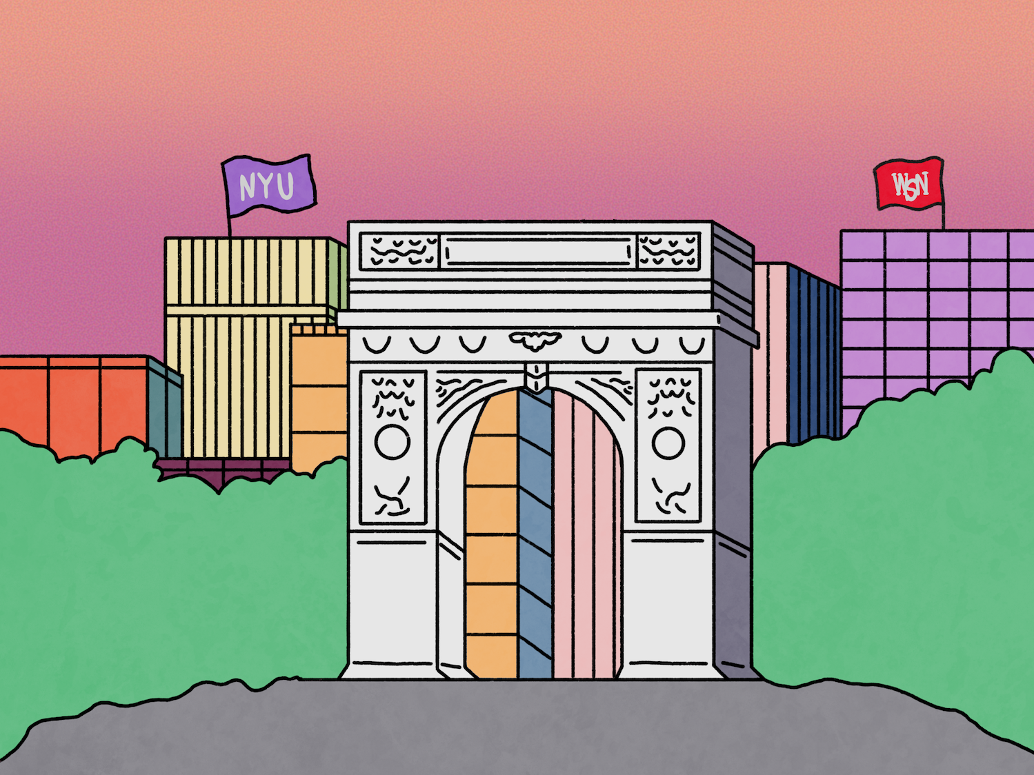 An illustration of the Washington Square Arch, surrounded by green bushes in front of several pastel-colored buildings. On top of one building is a purple flag reading N.Y.U., and on top of another is a red flag reading W.S.N. The sky is colored with a pastel-pink gradient.
