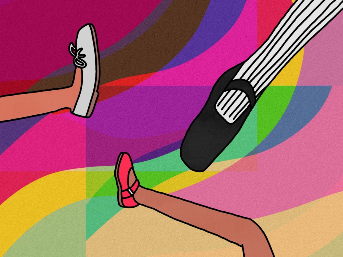 An illustration of three legs wearing shoes of different types and colors placed in front of a colorful background.