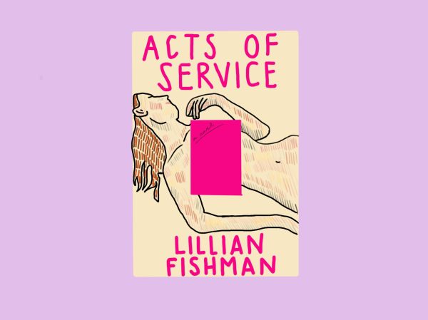 An illustration of a beige book with a woman, the title 'Acts of Service,' and the author 'Lillian Fishman' on it.