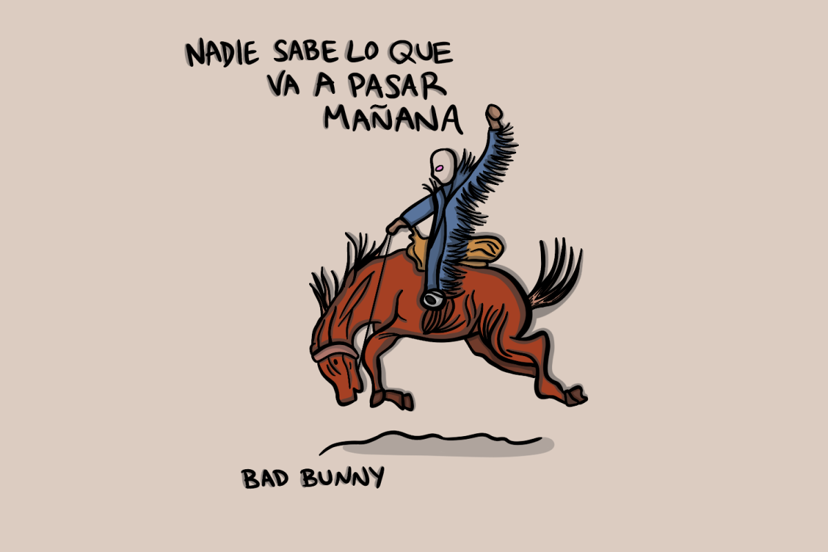 An illustration of a person dressed in a blue outfit holds their left fist up while riding a horse. The words “nadie sabe lo que va a pasar mañana” and “Bad Bunny” are printed above and below the illustration.