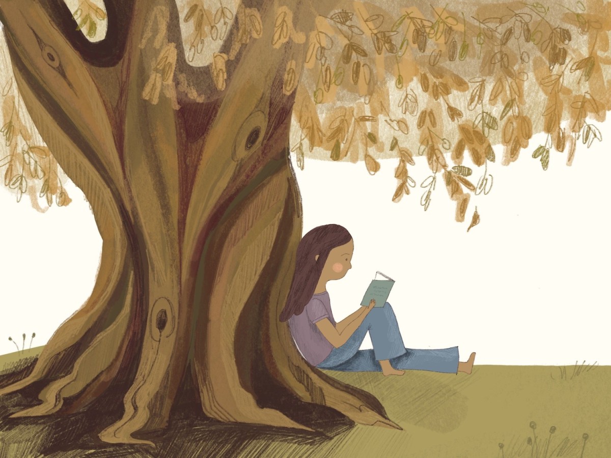 An illustration of a girl sitting under a tree and reading. She is sitting on grass, wearing a purple top and blue jeans. The leaves on the tree are brown.