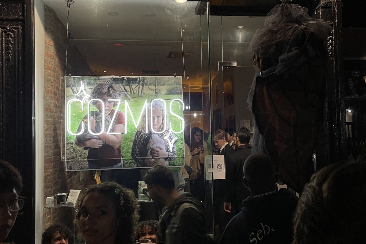 A white neon sign with the word COZMOS hanging over an image of a young boy and girl holding bunnies. It is behind a glass wall beside an open door.