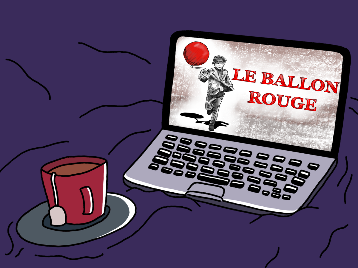 An illustration of a computer screen showing a little boy wearing a blazer and holding a red balloon. The boy is gray and to the right of him it says, in red letters, ‘LE BALLON ROUGE.’ There is a red teacup to the left of the computer.