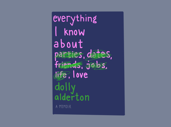 An illustration of a dark blue book with pink writing that reads, ‘Everything I know about love,’ and ‘dolly alderton,’ in green letters. There are also words that are scribbled out.