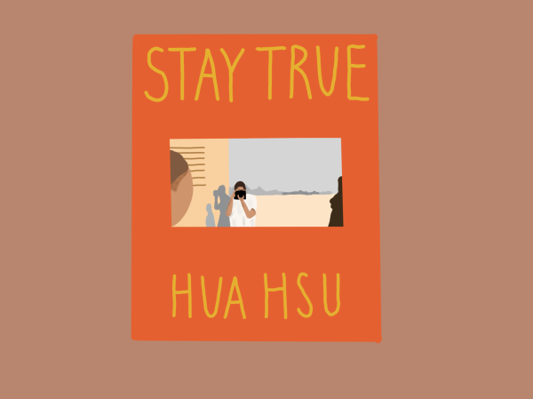 An illustration of an orange book which reads ‘Stay True’ on top and ‘Hua Hsu’ on the bottom. In the middle there is a small illustration of someone holding a camera.