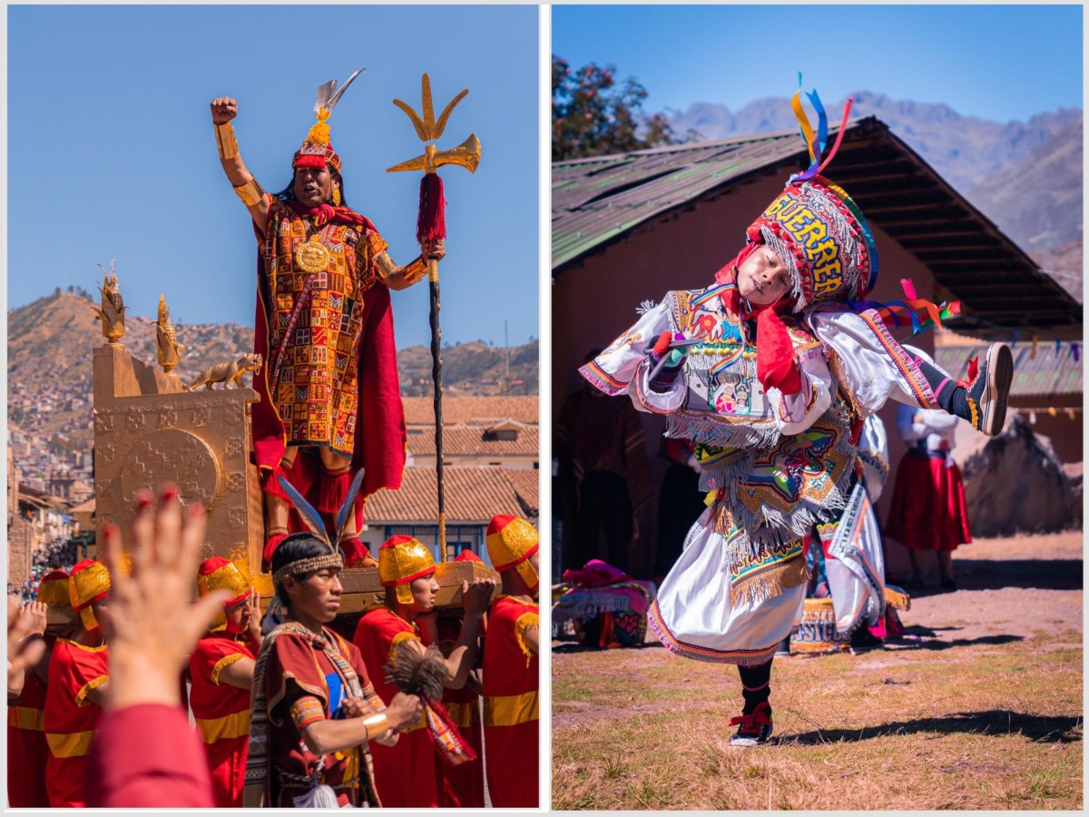 A collage of two photographs. The photo on the left shows a group of people performing a ritual wearing red-and-yellow clothes, while the photo on the right shows a person dancing wearing a white robe.