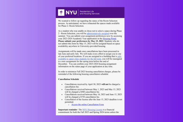 A screenshot of the email from NYU Residential Life and Housing Services regarding their status of room selection during Phase 2 on a purple gradient background.