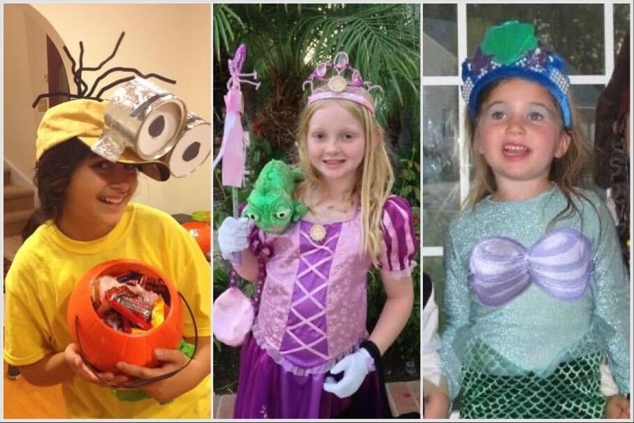 A collage of three photos of young girls dressed in Halloween costumes.