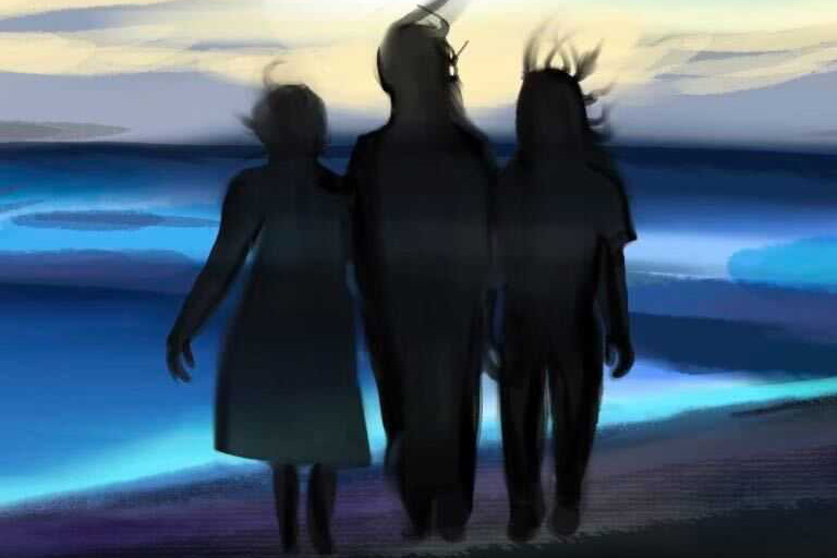 The+silhouette+of+three+women+with+their+hair+moving+in+the+breeze+standing+in+front+of+a+beach+facing+the+horizon.