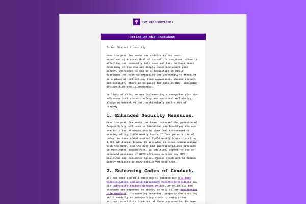Screenshot of an email from the “Office of the President” on a purple gradient background.