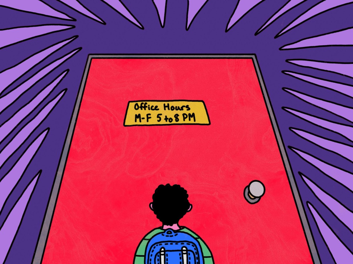 An illustration of a person wearing a green shirt and a blue backpack standing in front of a giant red wall with a sign that says “Office Hours M-F 5 to 8 p.m.”