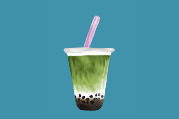 An illustration of a cup of green and white beverage, with black boba at its bottom and a pink straw, placed in front of a blue background.