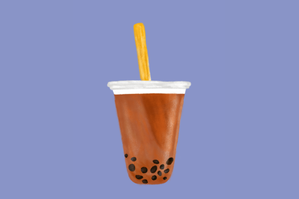 An illustration of a cup of brown beverage with black boba at its bottom and a yellow straw placed on a light blue background.