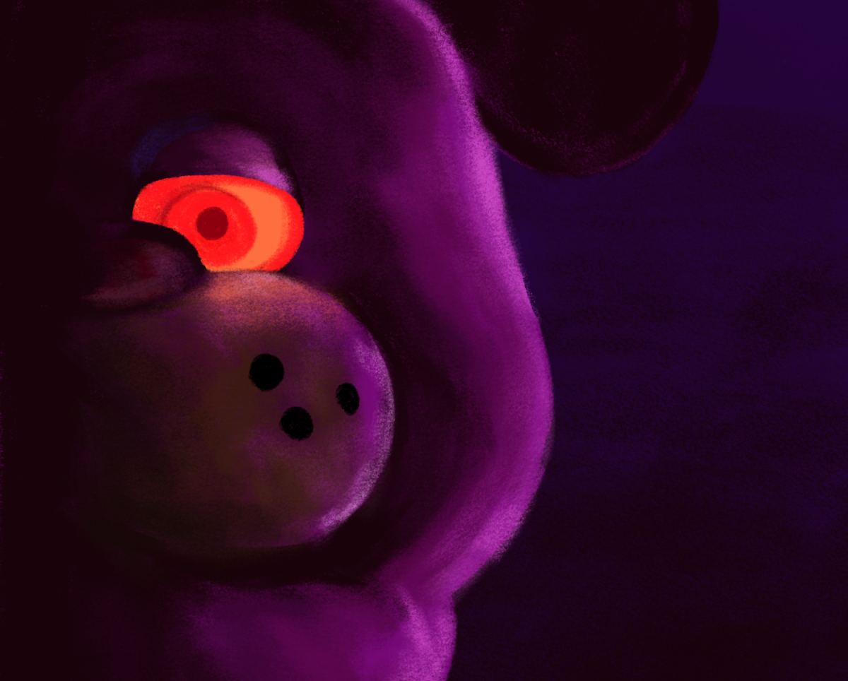 An illustration of a purple teddy bear with a glowing red eye.