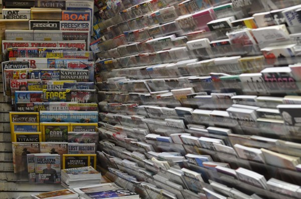 Rows of magazines displayed on the walls.