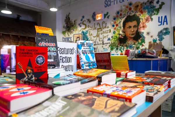 A table with a variety of books lying on it, with a mural of a woman painted on a wall at the back.