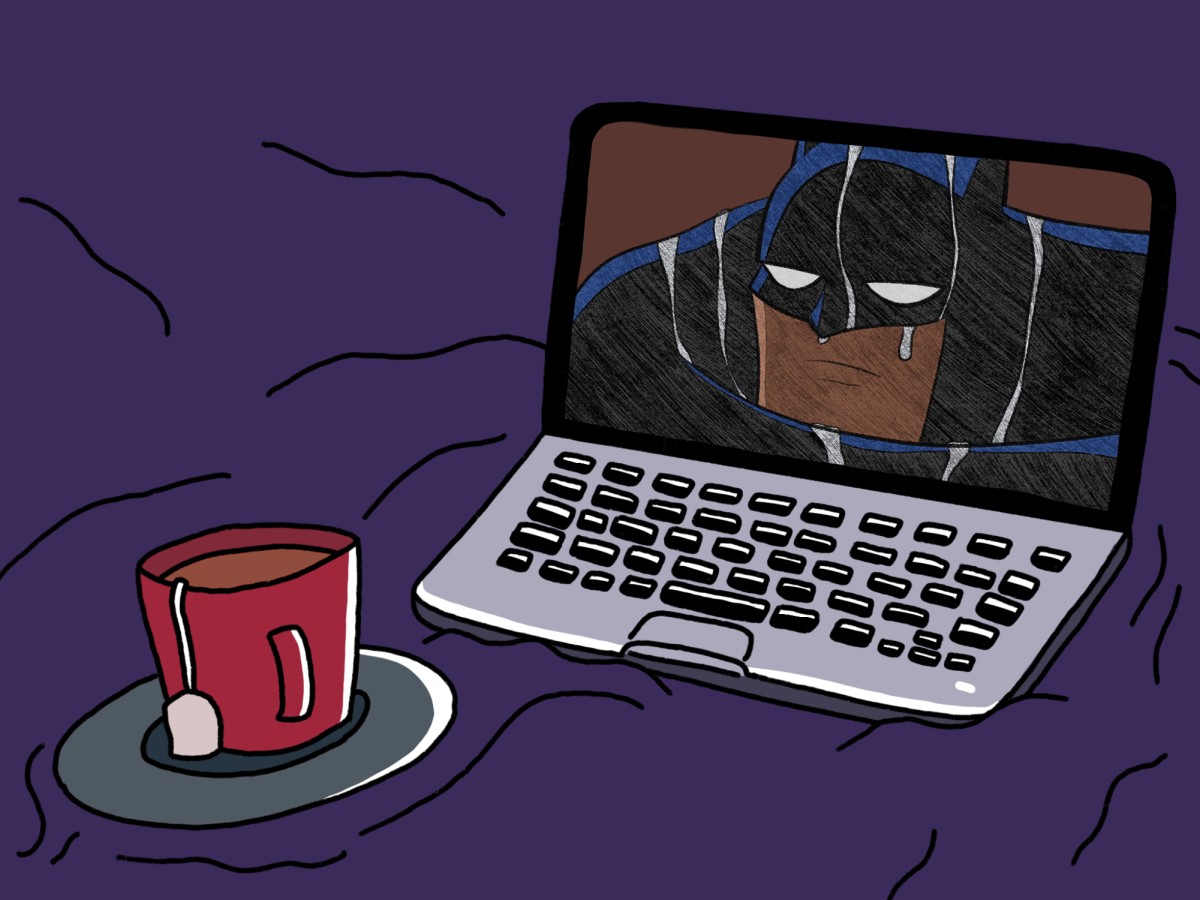 An illustration of a laptop and a cup of coffee on a purple background. On the laptop is an image of “Batman”.
